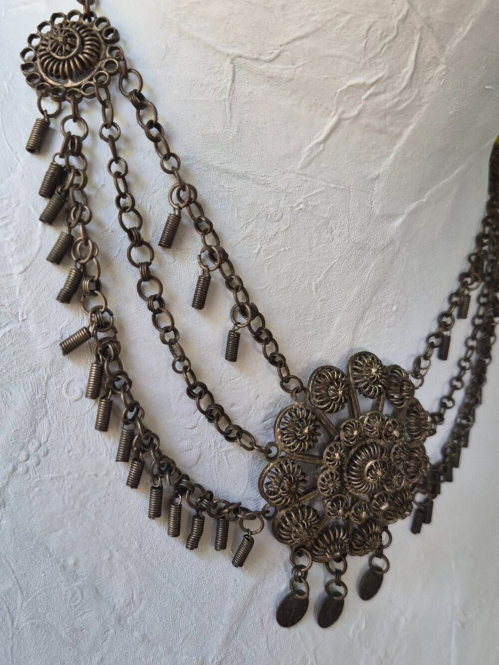 Vintage festoon-style bib Tribal Necklace made of brass with ornate filigree